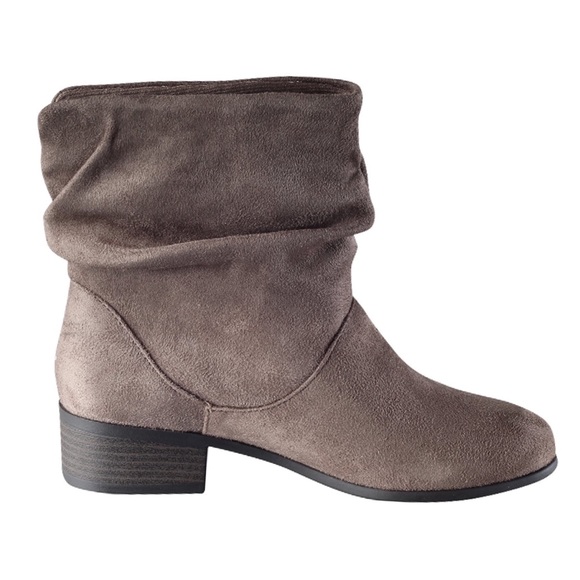 Slouchy Sueded Low Heel Almond Toe Booties Taupe - Picture 2 of 3